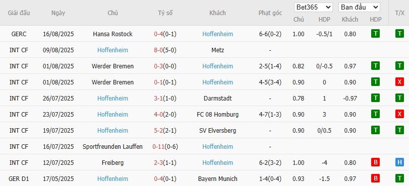 Tổng hợp kết quả 10 trận gần đây của Hoffenheim